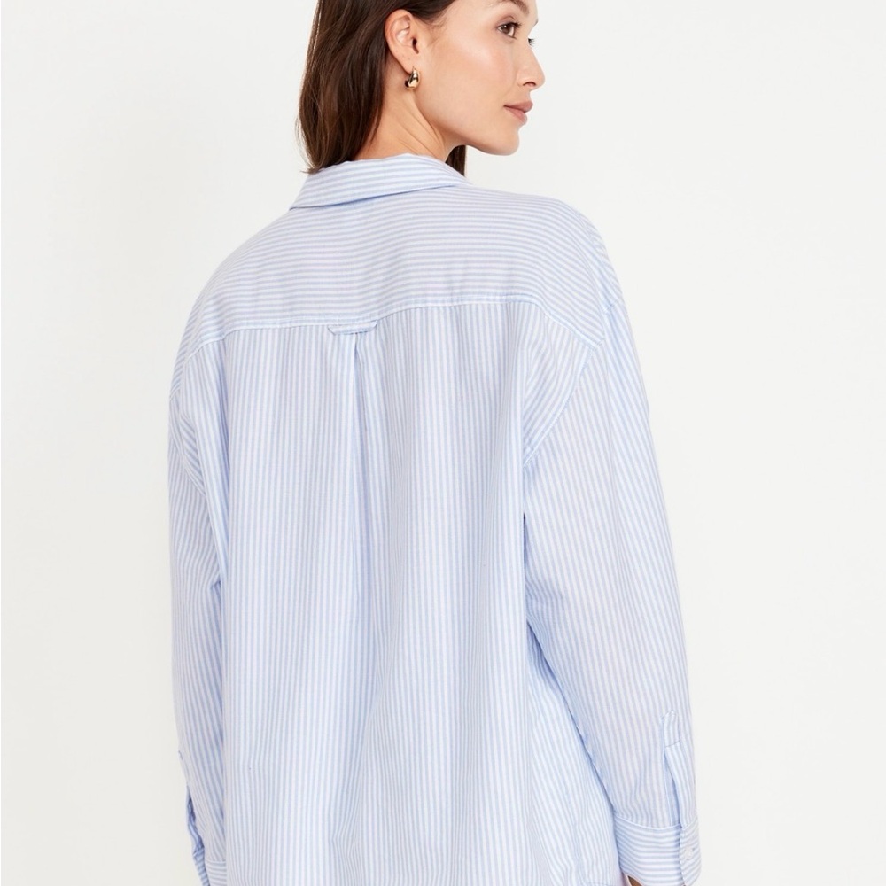 Old Navy Boyfriend Resort Poplin Button Down Shirt Stripe Blue Cotton Women's M - Picture 2 of 9
